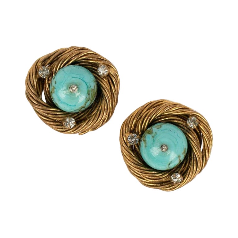 Chanel Golden Metal and Rhinestone Clip Earrings, Topped with a Turquoise Pearl For Sale