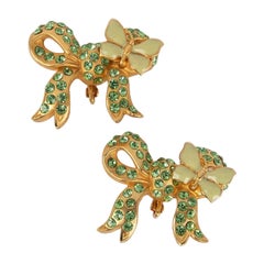 Nina Ricci Bow Earrings Paved with Green Rhinestones