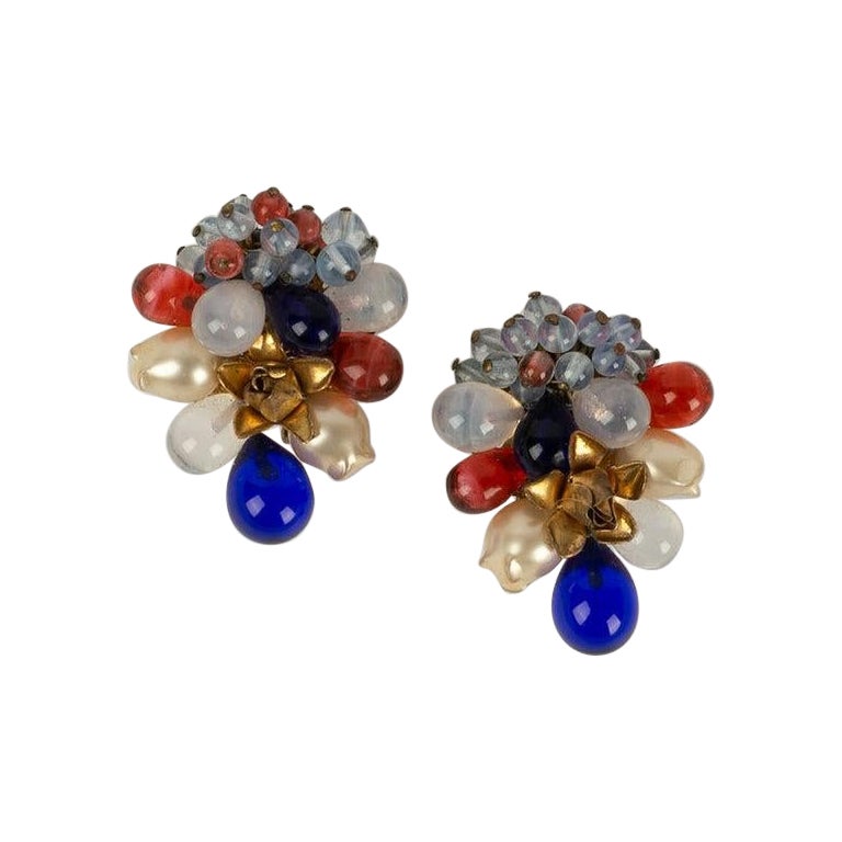 Rousselet Golden Metal Earrings Decorated with Multicolored Glass Beads For Sale