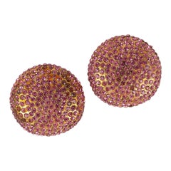 Vintage Chanel Golden Metal Clip Earrings Paved with Pink Rhinestones