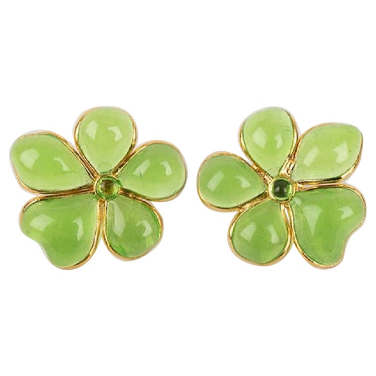 Augustine Golden Metal and Light Green Glass Flower Earrings For Sale