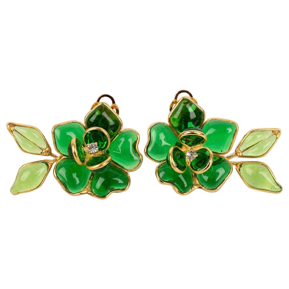 Augustine Green Glass Paste and Rhinestone Clip Earrings For Sale