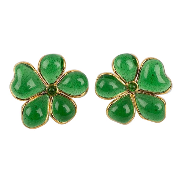 Augustine Golden Metal and Green Glass Paste Earrings For Sale