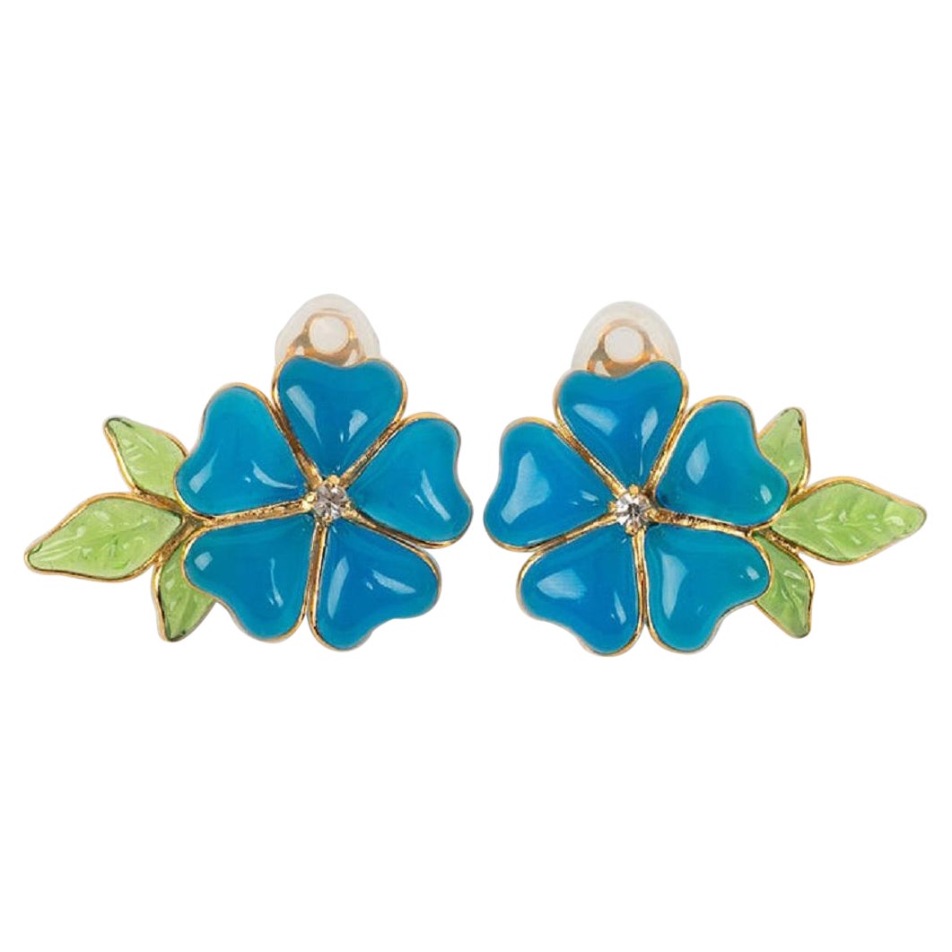 Augustine Blue Glass Paste and Rhinestone Clip Earrings For Sale