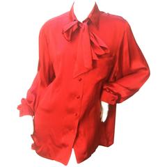 Retro Hermes Paris Sumptuous Scarlet Silk Charmeuse Blouse c 1970s 