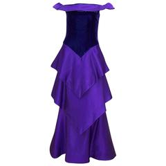 1980's Scaasi Brilliant Purple Satin & Velvet Evening Dress