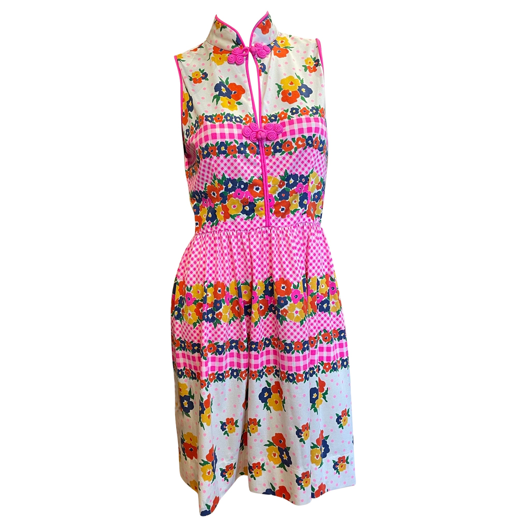 1960er Oscar De La Renta Hot Pink Floral Mandarin Style Ärmelloses Kleid im Angebot