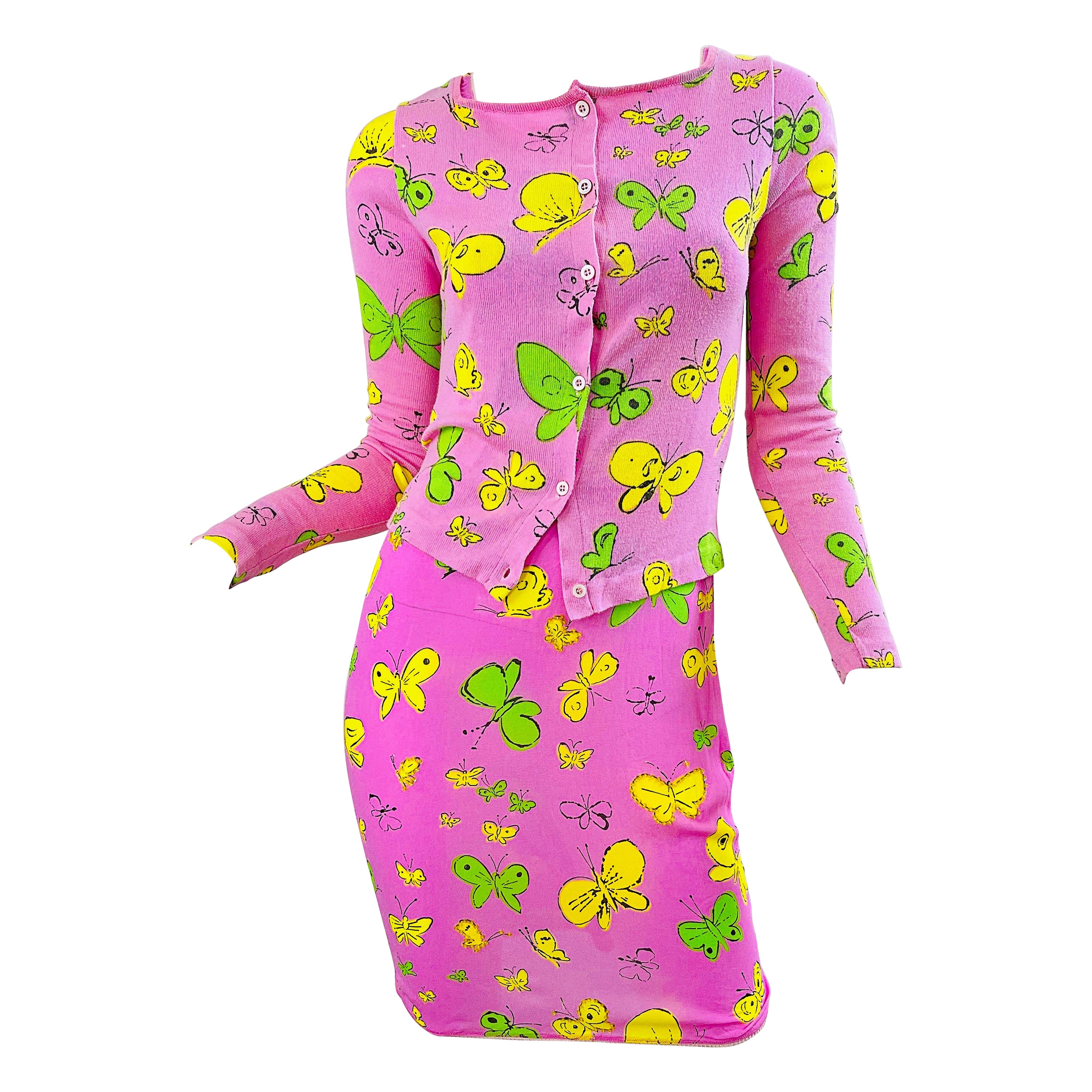 BARBIE 1990s Versus Gianni Versace Bubblegum Pink Beads Butterfly Dress Cardigan For Sale