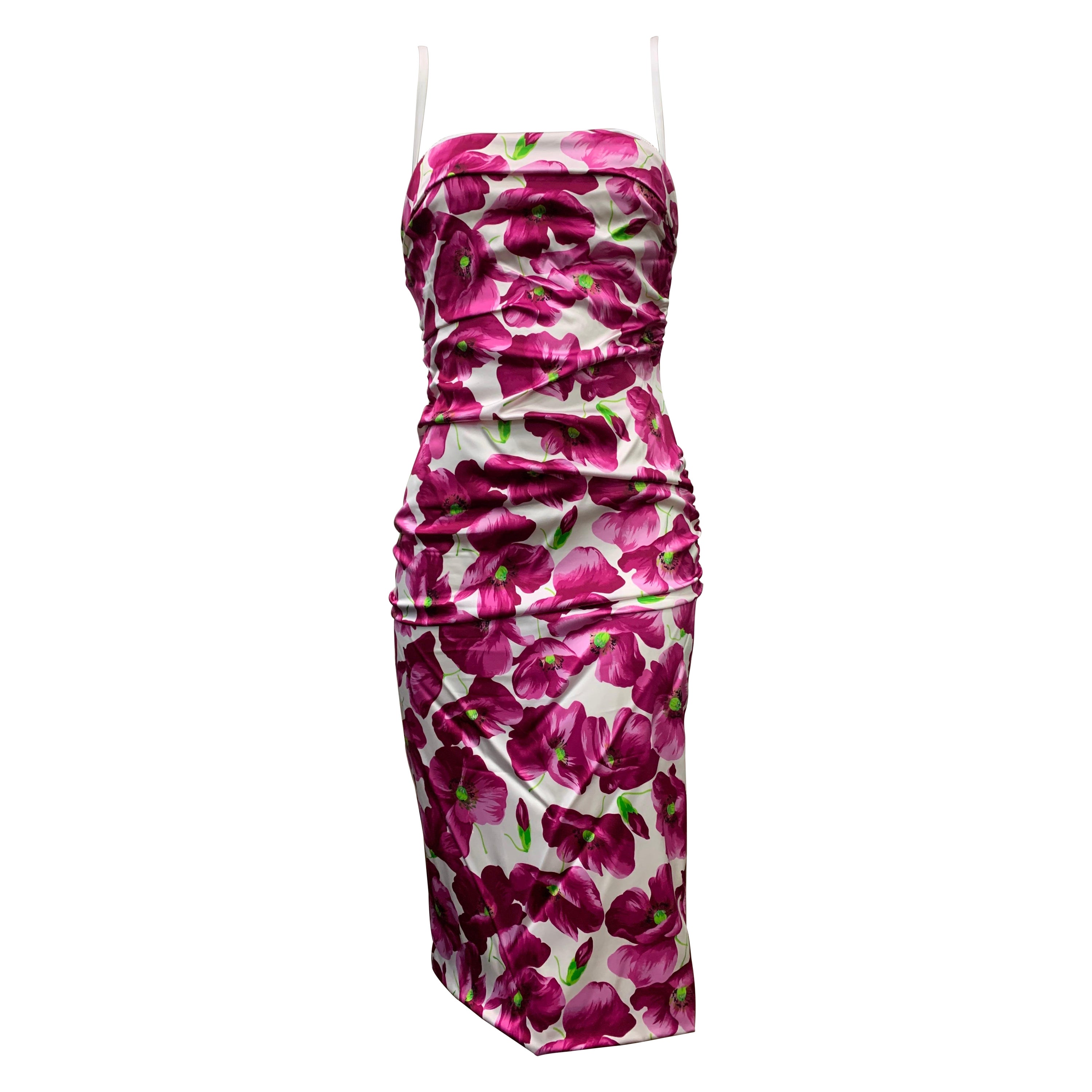 Dolce & Gabbana Strapless Fuchsia Poppy Print Sheath Cocktail Dress Silk Satin For Sale