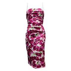Dolce & Gabbana Strapless Fuchsia Poppy Print Sheath Cocktail Dress Silk Satin