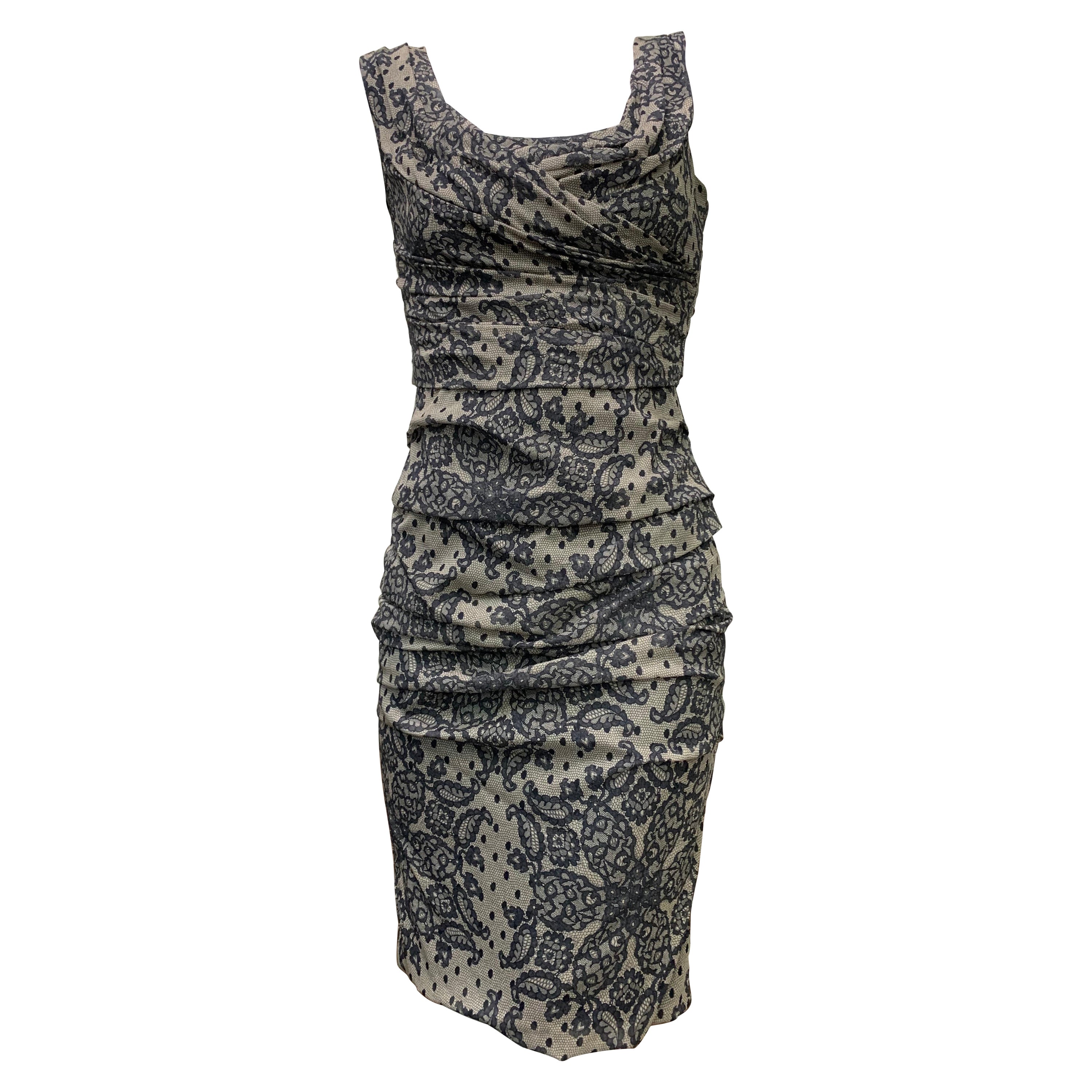 Dolce & Gabbana Black Lace-Print Ruched Silk Sheath Dress For Sale