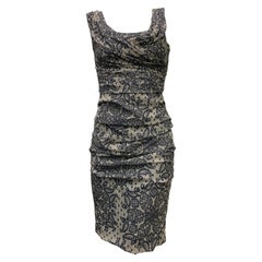 Dolce & Gabbana Black Lace-Print Ruched Silk Sheath Dress