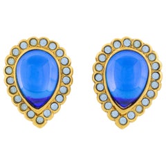 Jean Louis Scherrer Paris Clip Earrings Blue Poured Glass Cabochon