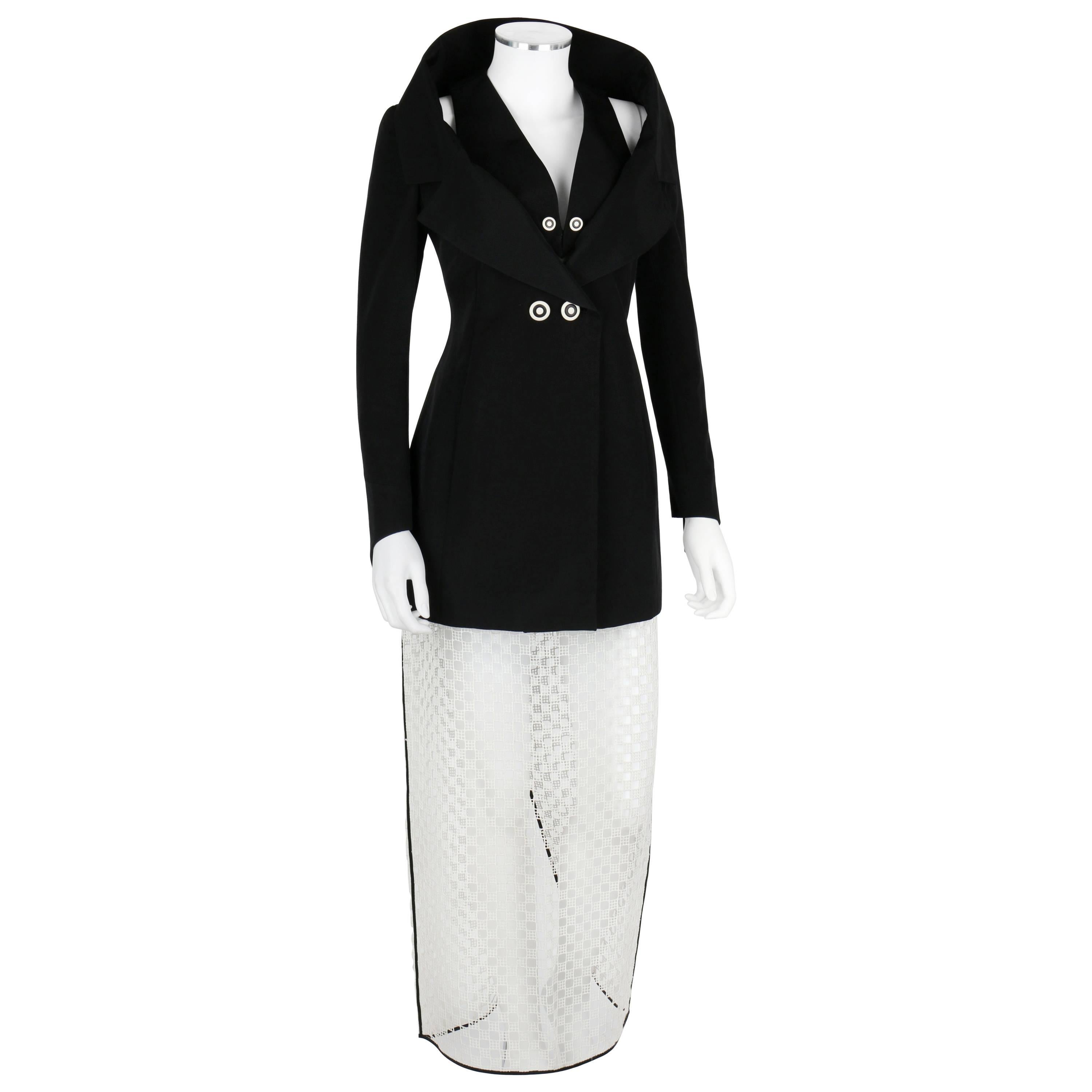 1980's KARL LAGERFELD 2pc Black Avant Garde Jacket Net Skirt Dress Set 38 / 40 For Sale