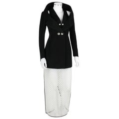 Retro 1980's KARL LAGERFELD 2pc Black Avant Garde Jacket Net Skirt Dress Set 38 / 40