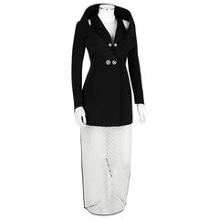 1980s KARL LAGERFELD 2pc Black Avant Garde Jacket Net Skirt Dress Set 38 / 40
