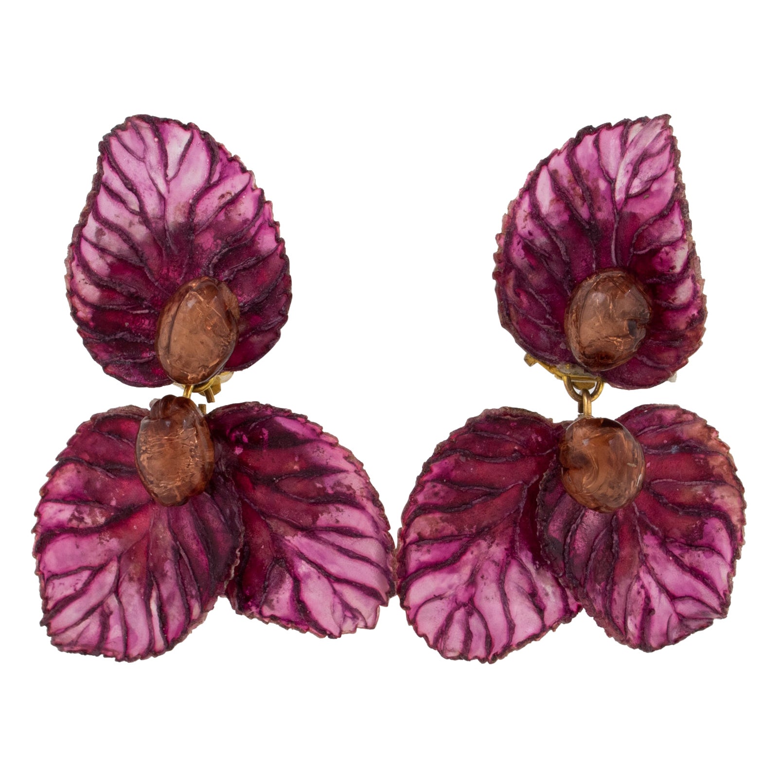 Francoise Montague by Cilea Dangle Resin Clip Earrings Purple and Toffee Leaves For Sale