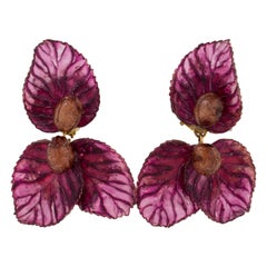 Retro Francoise Montague by Cilea Dangle Resin Clip Earrings Purple and Toffee Leaves