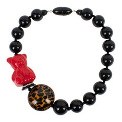 Angela Caputi Black and Red Resin Teddy Bear Choker Necklace