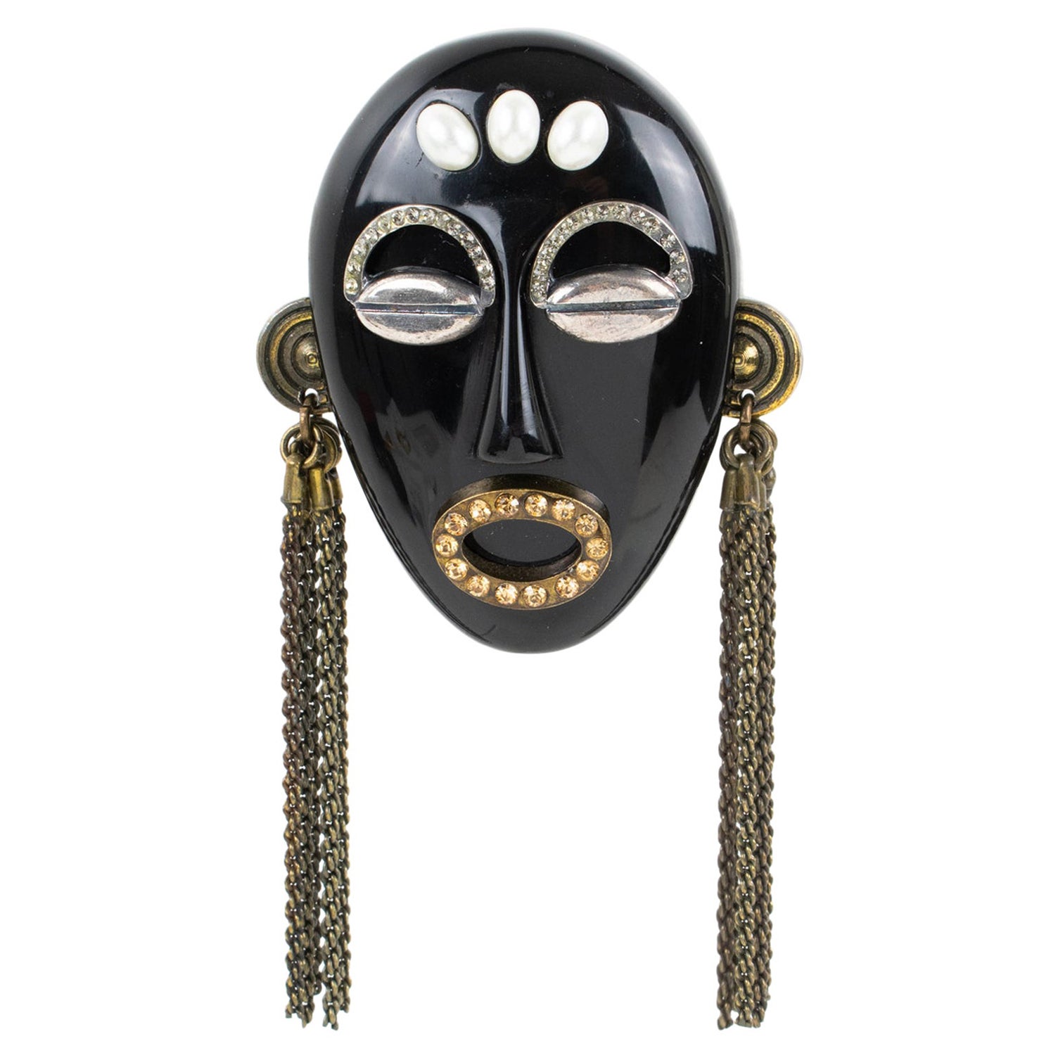 Anstecknadelbrosche „Tribal Maske“ aus schwarzem Harz und Metall, Italien 1991 im Angebot