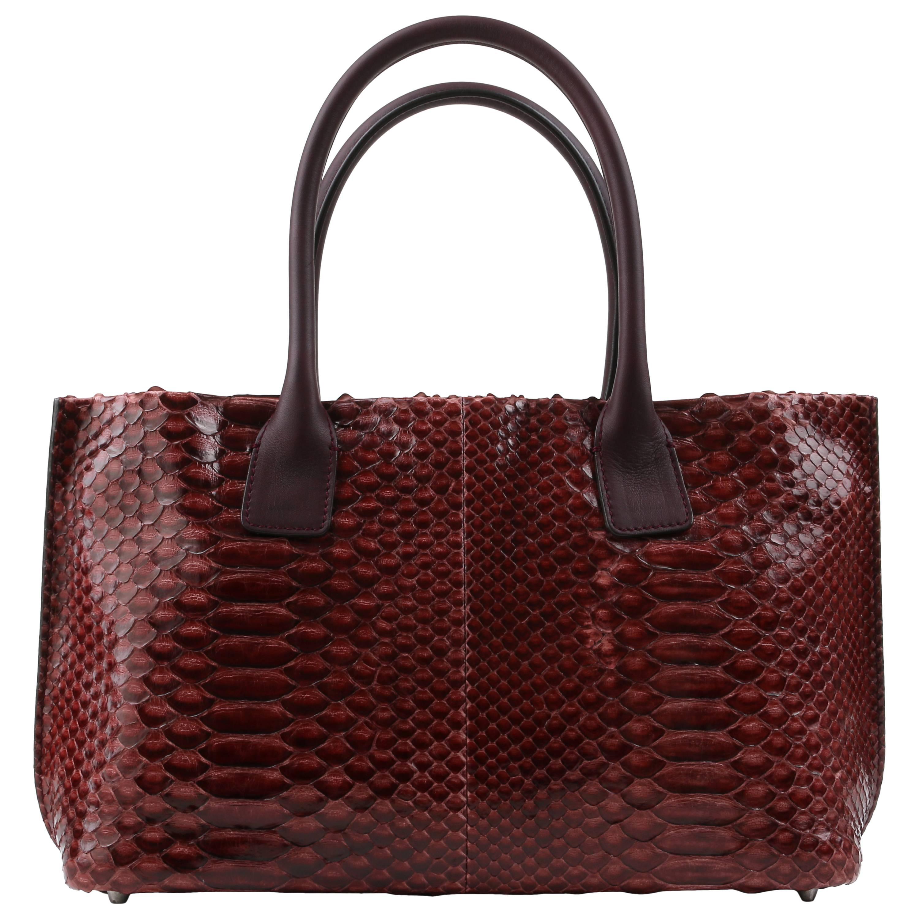 BRUNELLO CUCINELLI Burgundy Red Genuine Python Snakeskin Satchel Handbag Purse