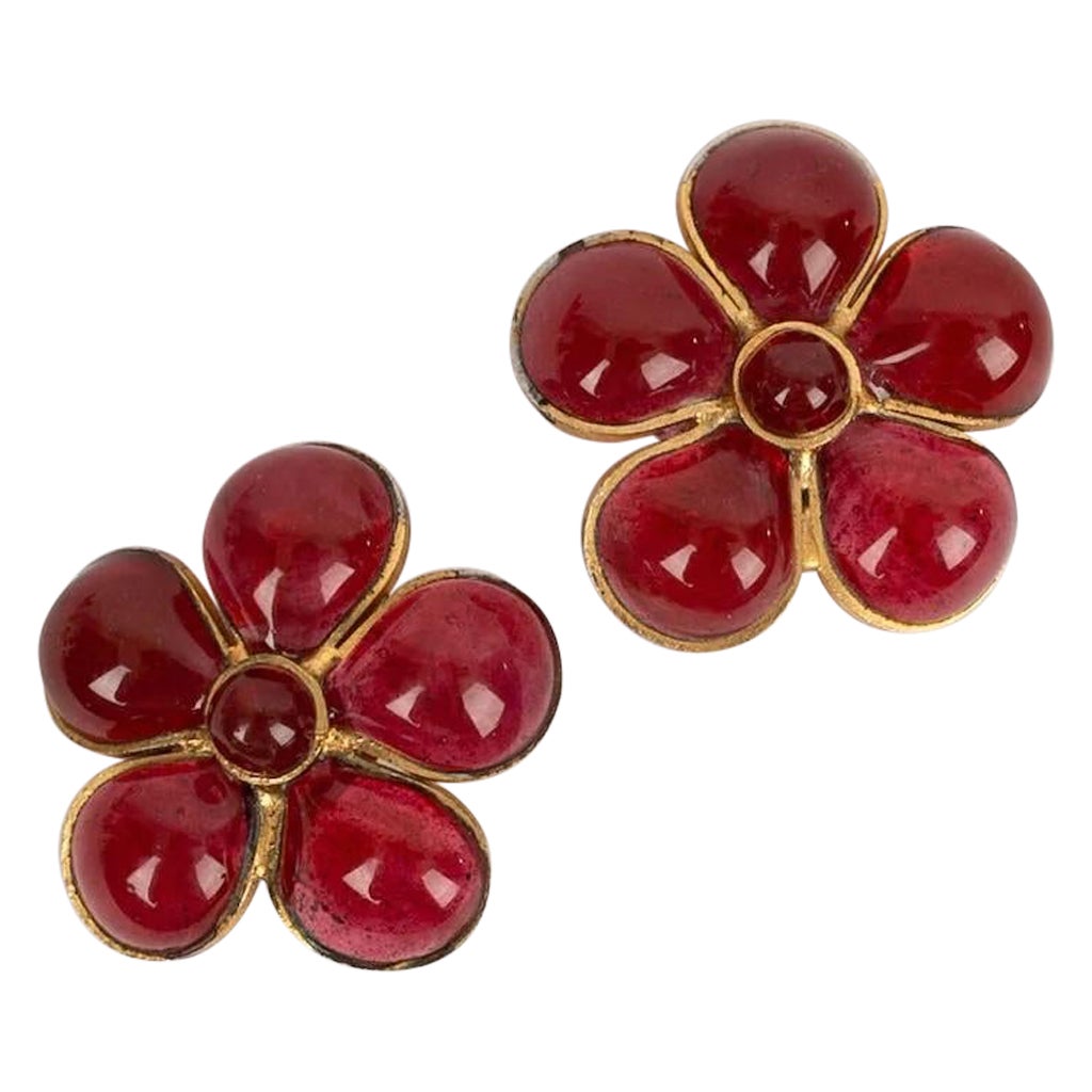 Gripoix Flower Earrings in Gold Metal and Red Glass Paste For Sale