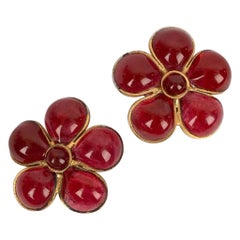 Vintage Gripoix Flower Earrings in Gold Metal and Red Glass Paste