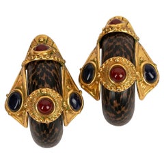 Wood, Gilded Metal and Glass Paste Cabochons Ethnic Earrings