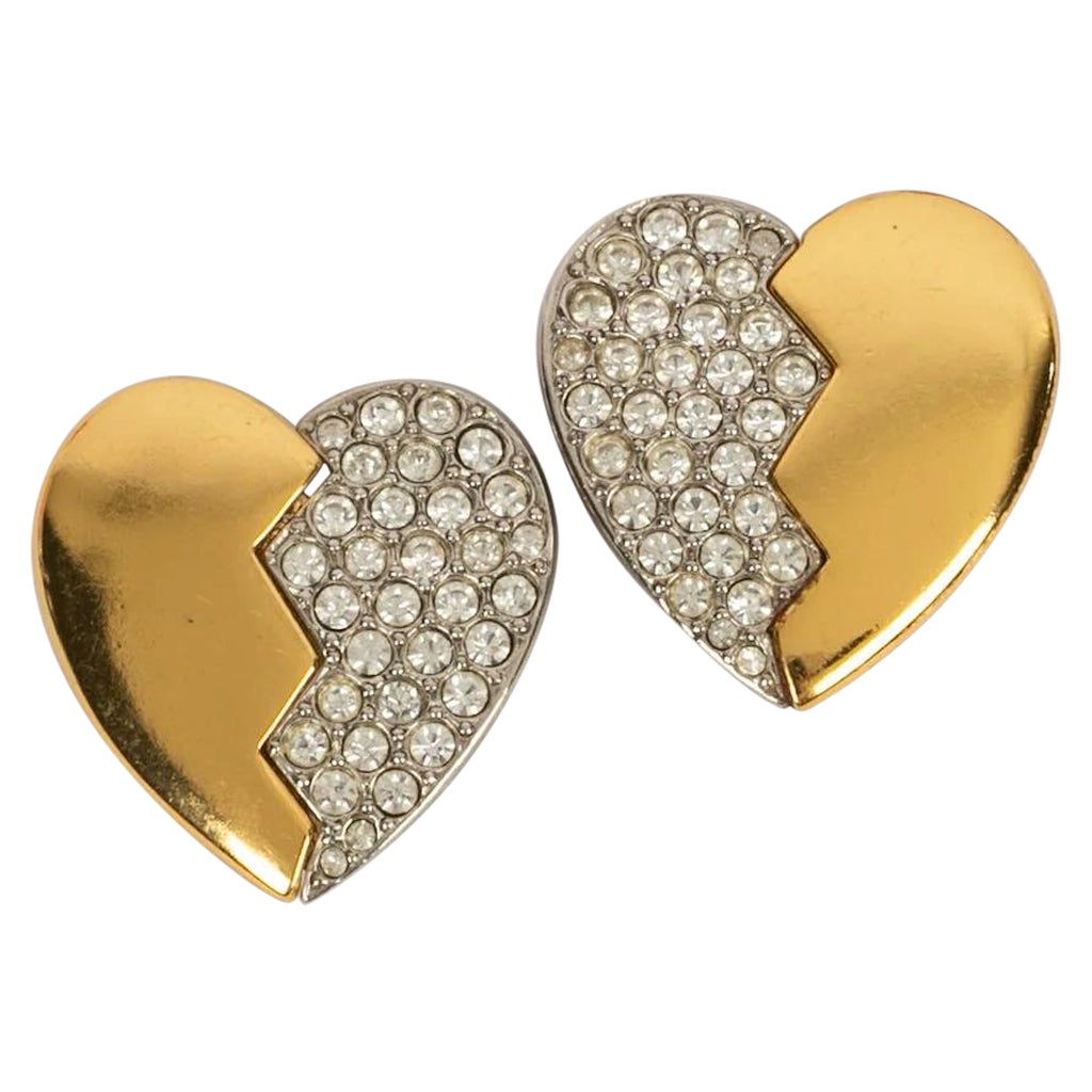 Yves Saint Laurent Metal and Rhinestone Heart Earrings For Sale