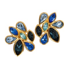 Yves Saint Laurent Blue Gold Metal Clip Earrings Paved with Rhinestones