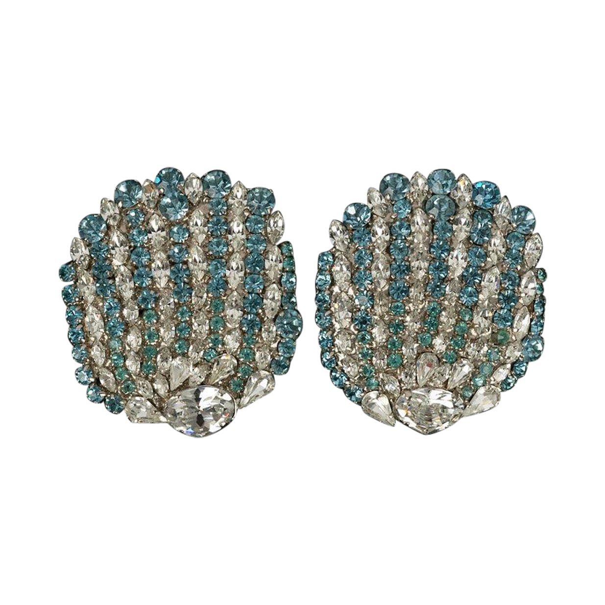 Yves Saint Laurent Silver Plated Blue and White Rhinestones Earrings For Sale
