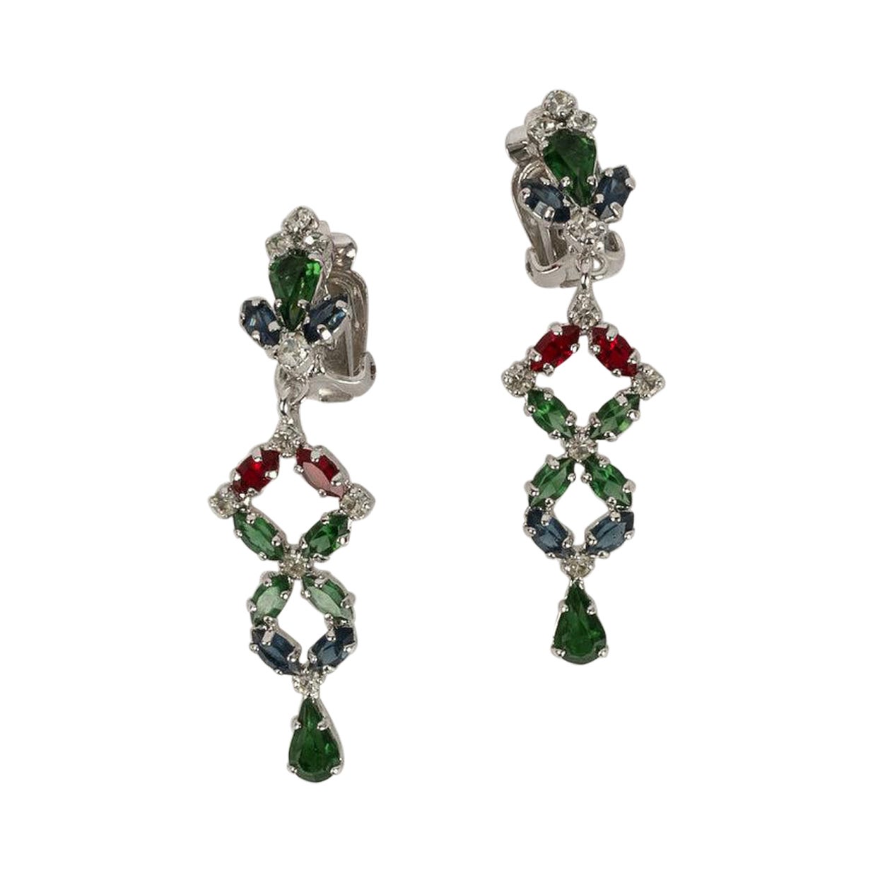 Christian Dior Silver Plated Clip Earrings Paved with Multicolored Rhinestones For Sale