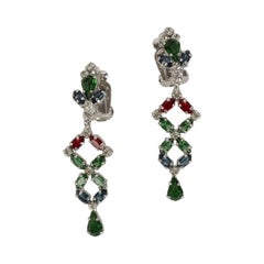 Christian Dior Silver Plated Clip Earrings Paved with Multicolored Rhinestones