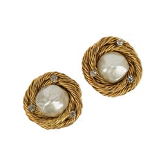 Vintage Chanel Gilded Metal Nest Earrings Centered of a Pearly Cabochon, 1984