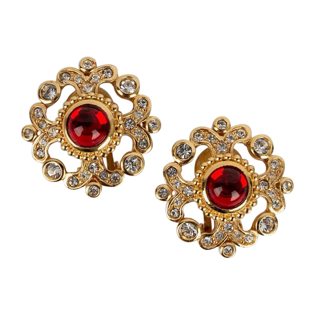 Dior Gold Plated Metal Clip Earrings Paved with Rhinestones and a Red Cabochon For Sale