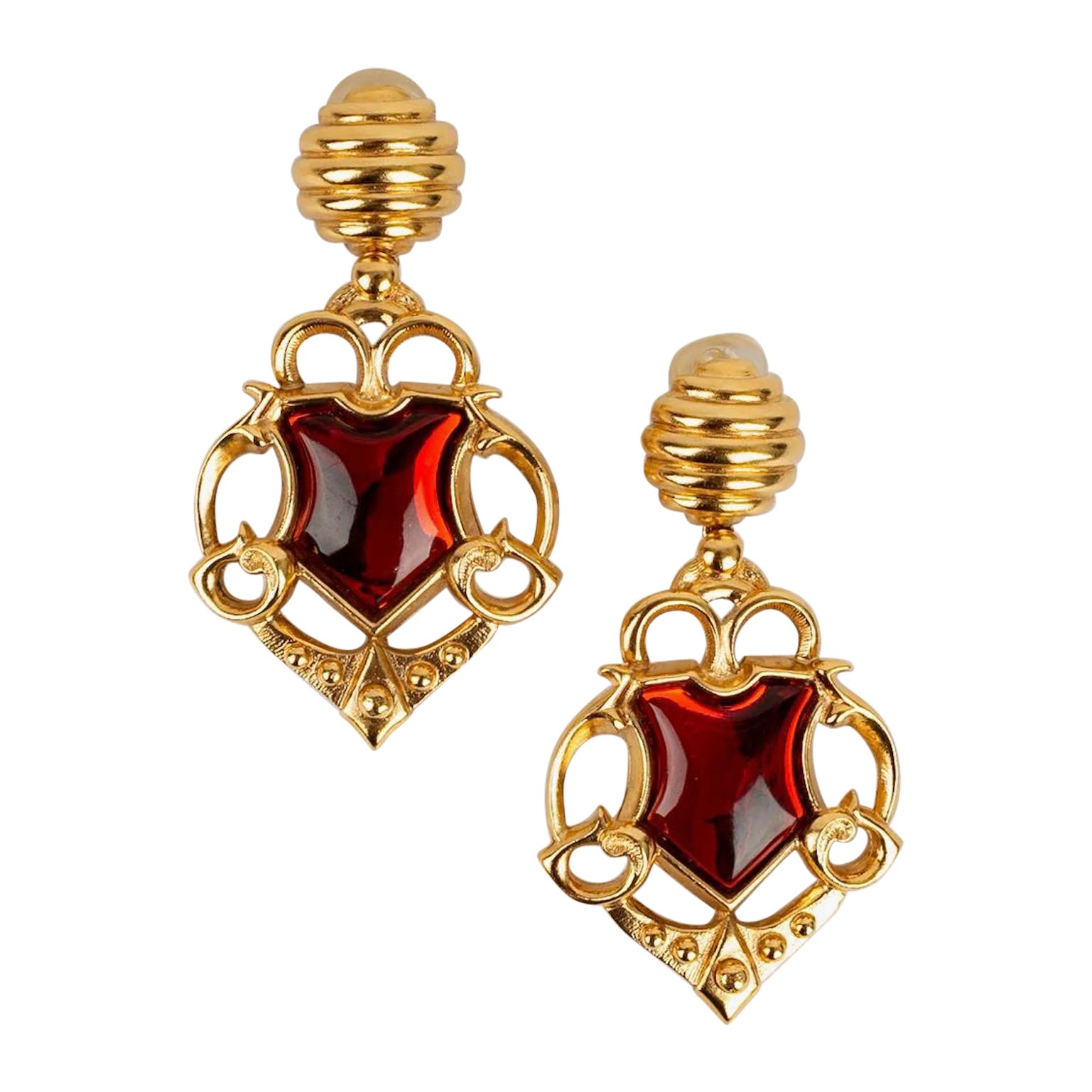 Dior Long Earrings Clips in Gold Metal and Red Cabochon  For Sale
