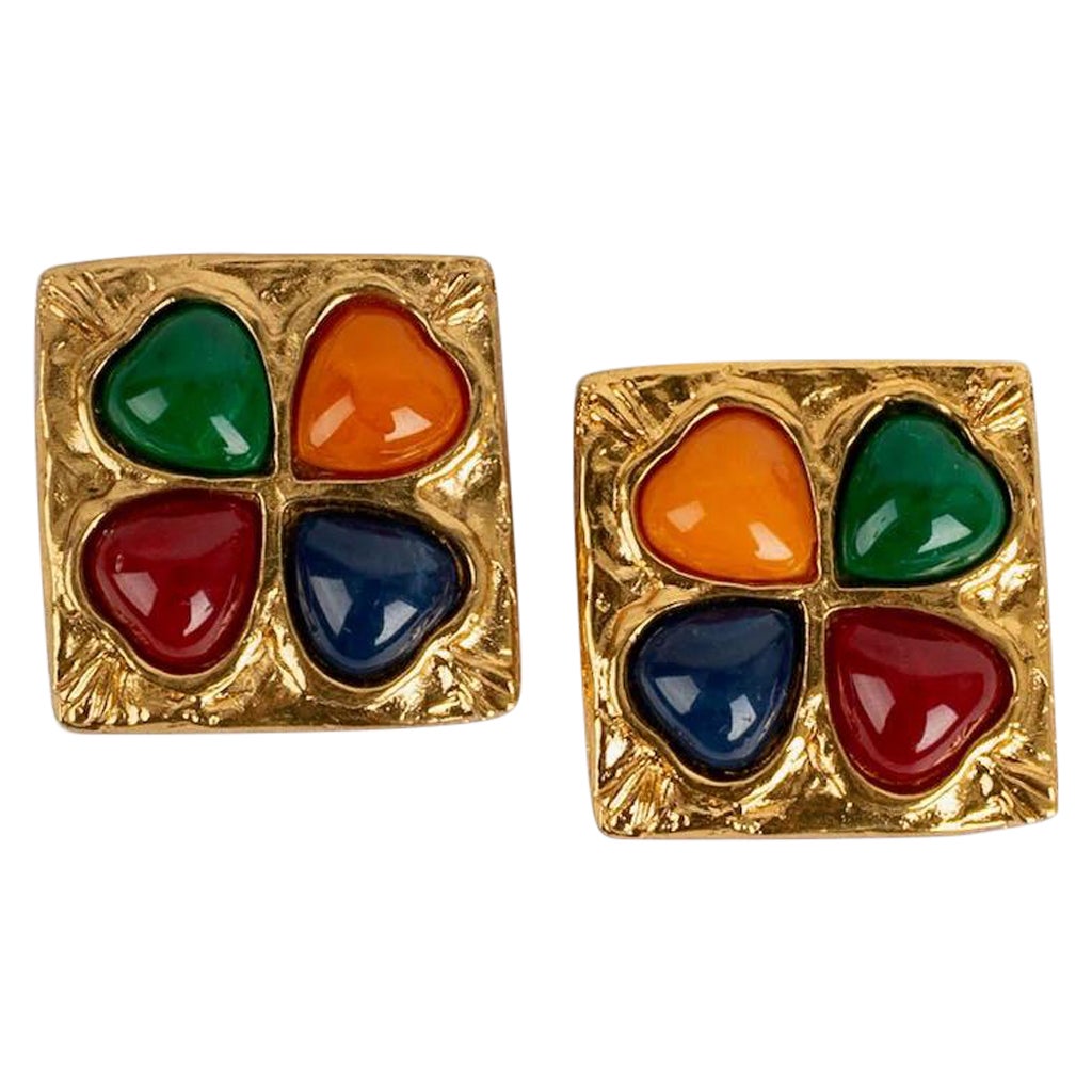 Yves Saint Laurent Hammered Metal Clip Earrings & Multicolored Resin Cabochons For Sale