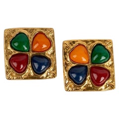Vintage Yves Saint Laurent Hammered Metal Clip Earrings & Multicolored Resin Cabochons