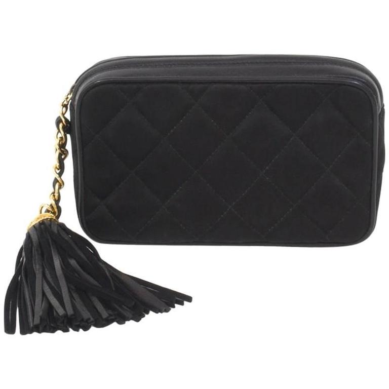 Chanel Black Quilted Satin Leather Trim Tassel Gold Cc Clutch Chanel Black Quilted Satin Leather Trim Tassel Gold Cc Clutch Evening Bag For