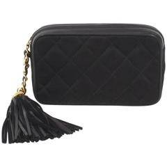 Chanel Black Quilted Satin Leather Trim Tassel Gold CC Clutch Evening Bag
