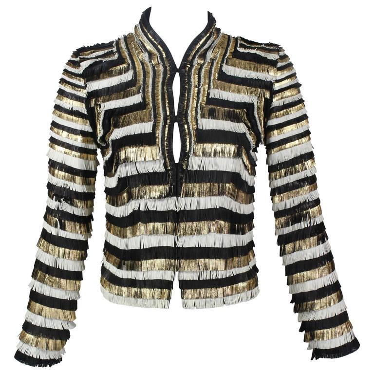 Gucci Spring 2018 Runway Black White Gold Fringe Leather Jacket