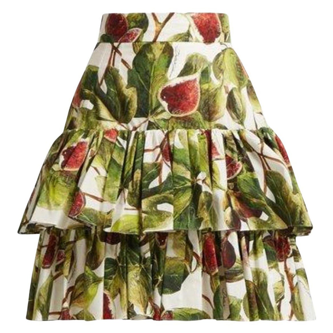 Dolce & Gabbana White Green Cotton Sicily Figs Ruffled Mid-length Skirt Midi DG