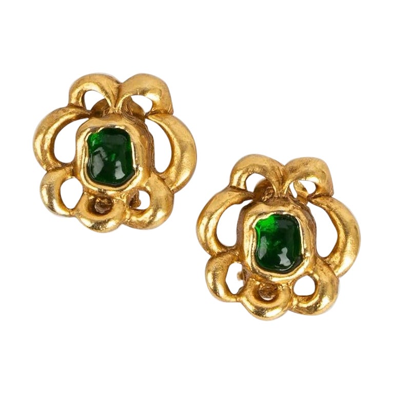 Chanel Baroque Gold Metal Clip Earrings Paved with Glass Paste Cabochon For Sale