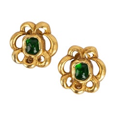 Vintage Chanel Baroque Gold Metal Clip Earrings Paved with Glass Paste Cabochon