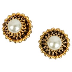 Chanel  Metal Clip Earrings Centered with a Pearly Cabochon