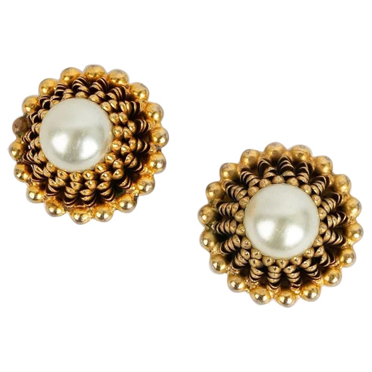 Chanel Metal Clip Earrings Centered with a Pearly Cabochon For