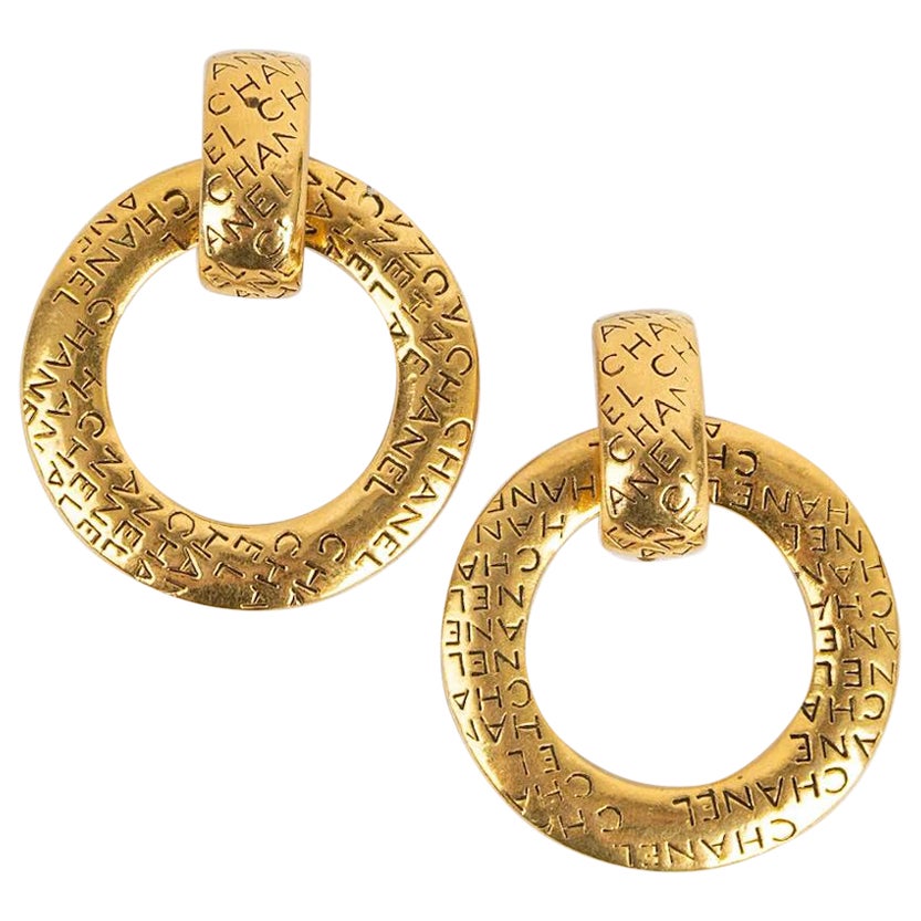 Chanel Creole Engraved Gold Metal Clip Earrings