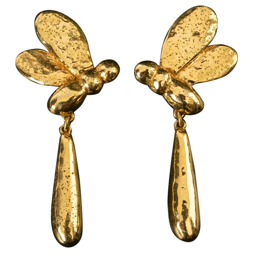 Sonia Rykiel Dragonfly Clip-on Earrings in Gilded Metal For Sale