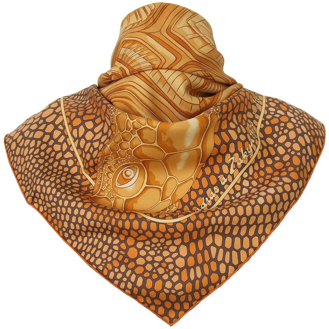 Hermes Silk Scarf De Madras A Zakynthos Turtle Orange Brown 90 cm