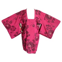 Kimono Jacket or Michiyuki Coat Magenta Cotton Florals Trailing Sleeves Japan 